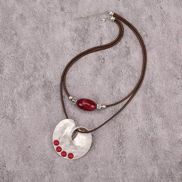 Boho Necklaces for Women Chunky Circle Necklace Layered Boho Circle Leather Choker Necklace Long Vintage Necklaces Bohemian Jewlery Gifts