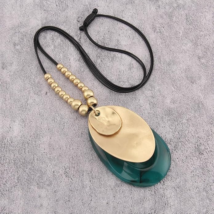 GelConnie Leather Necklace for Women Large Pendant Long Brown Necklace Circle Leather Choker Vintage Sweater Necklace Gold Chunky Boho Necklaces for Women