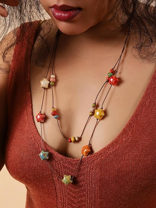 MINACHI Hippie Boho Double Layered Colorful Ceramic Heart Round Bead Necklace, Bohemian Jewelry Gifts for Women