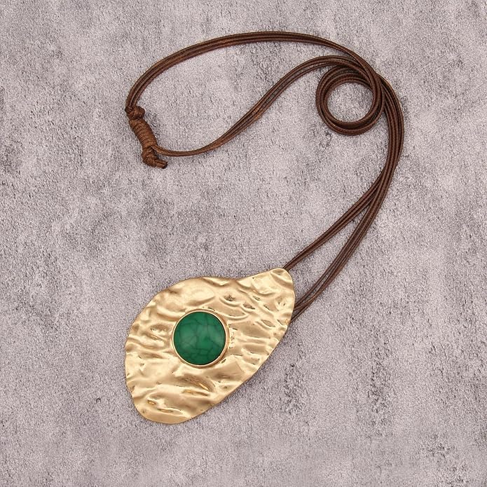 GelConnie Leather Necklace for Women Large Pendant Long Brown Necklace Circle Leather Choker Vintage Sweater Necklace Gold Chunky Boho Necklaces for Women