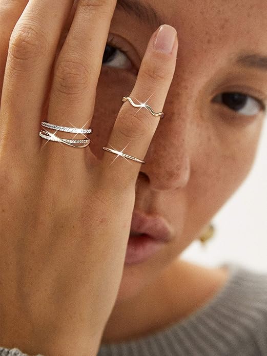 Tungary Gold Stackable Rings for Women Non Tarnish Open Adjustable Thin Thumb Silver Rings 14K Gold Plated Stacking Cubic Zirconia Knuckle Pinky Ring Set Dainty Statement Promise Wedding Band Ring
