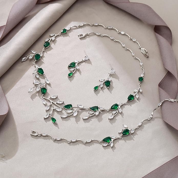 EVER FAITH Wedding Jewelry for Bride Women Bridesmaid, Sparkly Cubic Zirconia Pear-Shaped Birthstone Leaf Necklace Earrings Set for Prom