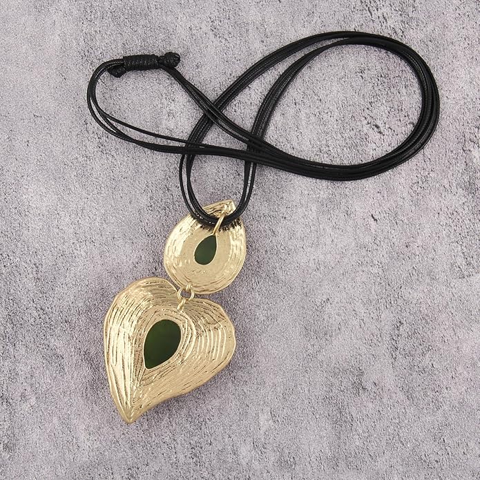 GelConnie Leather Necklace for Women Large Pendant Long Brown Necklace Circle Leather Choker Vintage Sweater Necklace Gold Chunky Boho Necklaces for Women