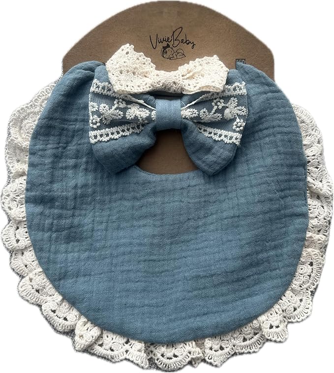 Baby Girl Gift Set, Muslin BoHo Bib with Lace and Matching Bows, Absorbent Cotton Adjustable Bib for Newborn Infant Toddler