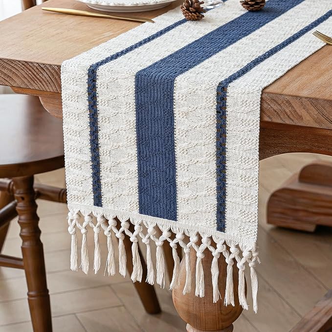 Boho Table Runner with Tassels for Fall Home Decor 12x90 Blue Decor | 90 Inches - Image 2