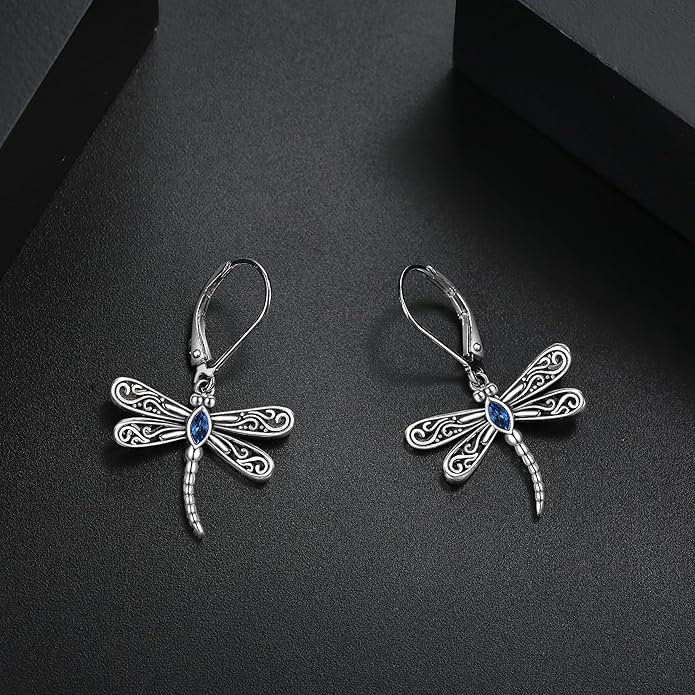 ONEFINITY Dragonfly Earrings 925 Sterling Silver Moonstone Leverback Dragonfly Dangle Drop Earrings Women Jewelry Gifts