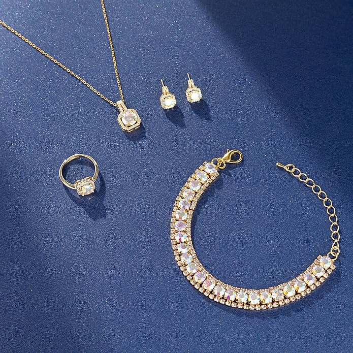 4pcs Cubic Zirconia Wedding Jewelry Sets for Bride Bridesmaid Cubic Zirconia Pendant Necklace Earrings Link Tennis Bracelet Open Ring Set for Women