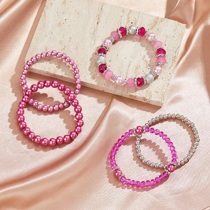 Noessla Beaded Pearl Stretch Bracelet Silver Stackable Crystal Beads Bracelets Trendy Costume Jewelry Mothers Day Gifts for Women