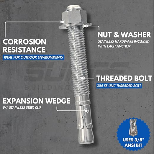 3/8" X 3" 304 Stainless Steel Wedge Anchors - Image 2