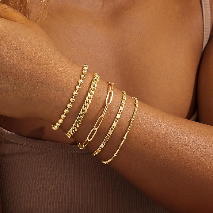 Gold Bracelets Set for Women Stack, Dainty Thick Bracelets Stack for Women Trendy, Simple Thin Gold Plated Cuff Stackable Bracelets With Beaded Cuban Paperclip Snake Rope Bangle Hand Chain Jewelry Gifts for Women Non Tainish