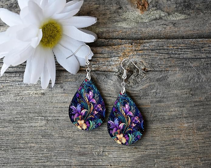 Teardrop Wood Earrings Light Weight Printed Image Dangle Jewelry, Fun and Funky Earrings