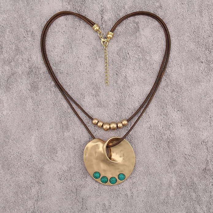 Boho Necklaces for Women Chunky Circle Necklace Layered Boho Circle Leather Choker Necklace Long Vintage Necklaces Bohemian Jewlery Gifts