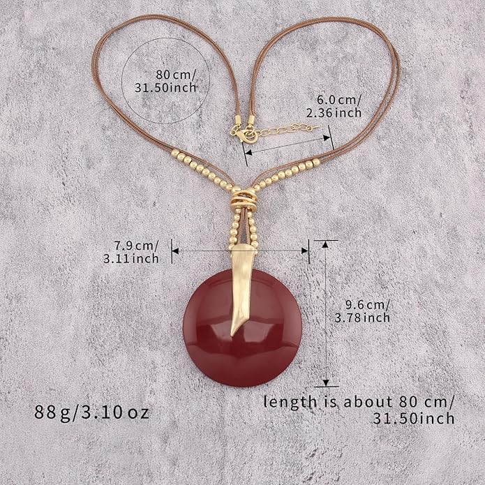 GelConnie Leather Necklace for Women Large Pendant Long Brown Necklace Circle Leather Choker Vintage Sweater Necklace Gold Chunky Boho Necklaces for Women