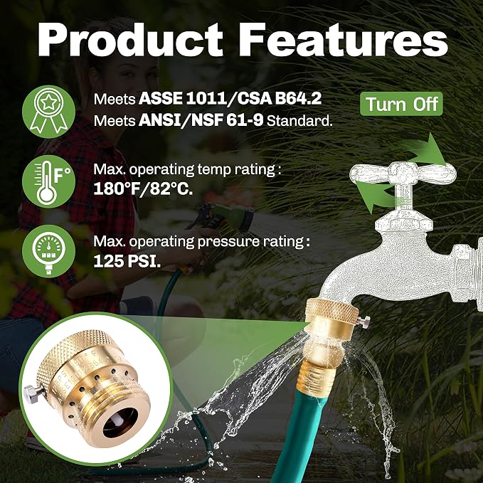 2 Pack Brass 3/4" Inch GHT Hose Bibb Backflow Preventer Vacuum Breaker | - Image 6