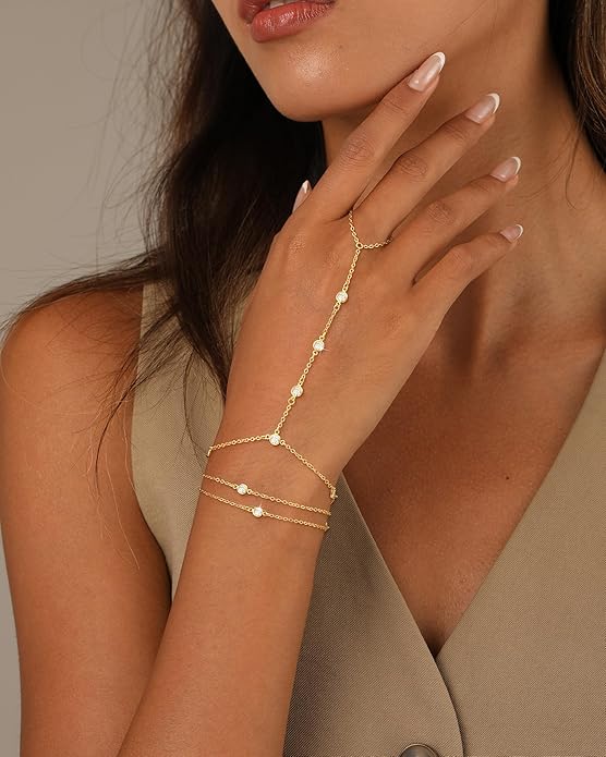 CHESKY 14K Gold Plated Hand Chain Bracelets for Women Set - Dainty Finger Ring Bracelet Stack Adjustable Hand Chains Durable Beaded Bracelets Trendy Simple Body Jewelry Gift for Women