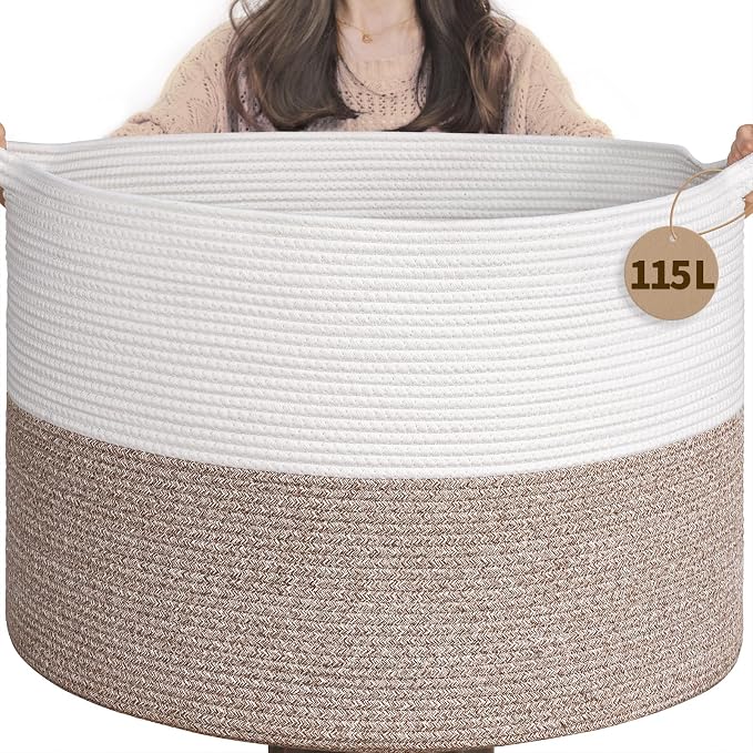 INDRESSME 115L Extra Large Woven Rope Blanket Basket Living Room, bedroom or by INDRESSME