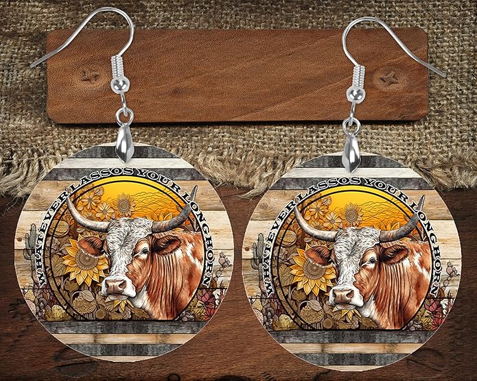 Round Wood Earrings Light Weight Printed Image Dangle Jewelry