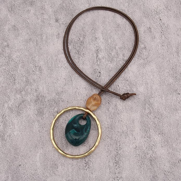 Boho Leather Necklace Women Bohemian Brown Circle Pendant Necklace Choker Long Necklaces for Women Boho Ring Large Pendant