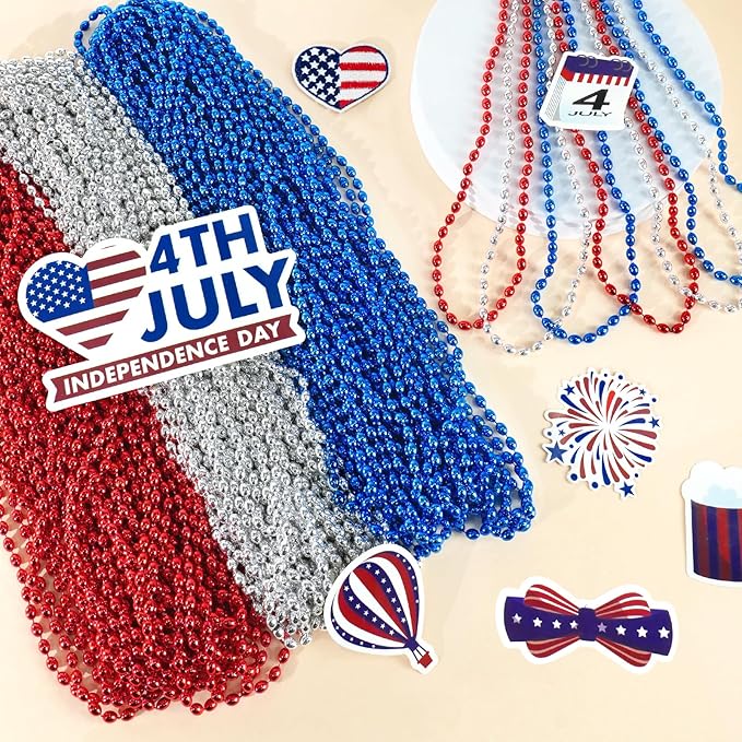 SHAOQINLIN 100 PCS Patriotic Bead Necklaces, 4th of July Oval Beads Necklaces Bulk 4th of July Accessories 30.5 Inch Metallic Red/Silver/Blue Beaded Necklace for Patriotic Day, Carnival Party Favor