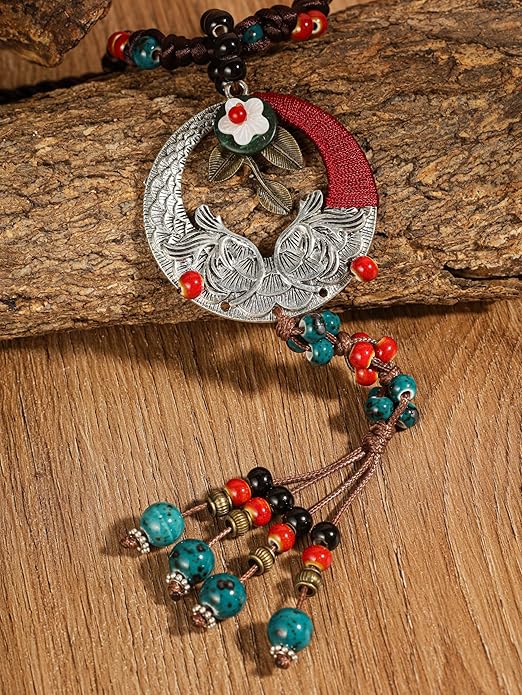 MINACHI Boho Hippie Colorful Ceramic Beads Strand O Ring Circle Charm Long Y Necklace, Vintage Bohemian Statement Jewelry Gift for Women
