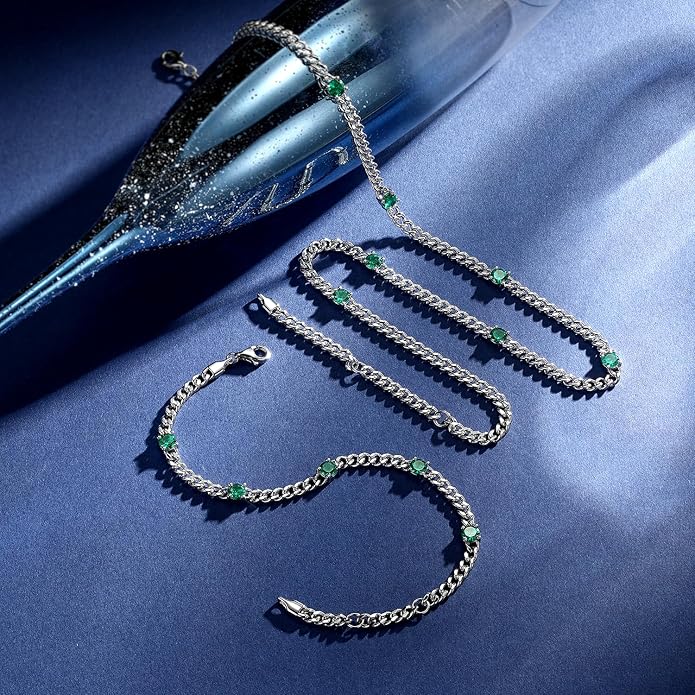 FANCIME 925 Sterling Silver 3.6mm Cuban Link Curb Chain Bracelet With Created Gemstone for Women Men Unisex