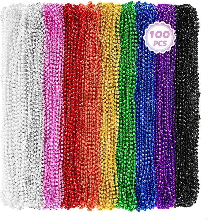 100 PCS Mardi Gras Beads, 33" Assorted Colors Carnival Beads Bulk, 10 Kinds Colors Beaded Stuff Set, Parade Throw Accessories Set, Round Costume Necklaces for Festive Party Supplies