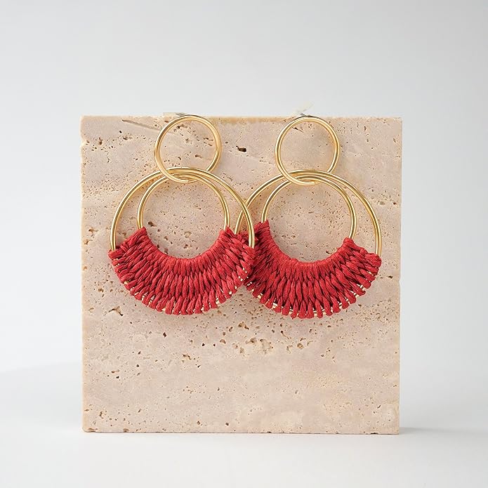 Raffia Hoop Earrings for Women Fun Boho Summer Beach Earrings Lightweight Handmade Straw Wicker Rattan Dangle Earrings Statement Geometric Round Drop Earrings
