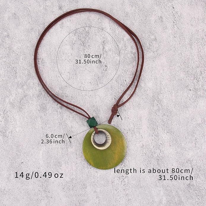 Boho Leather Necklace Women Bohemian Brown Circle Pendant Necklace Choker Long Necklaces for Women Boho Ring Large Pendant
