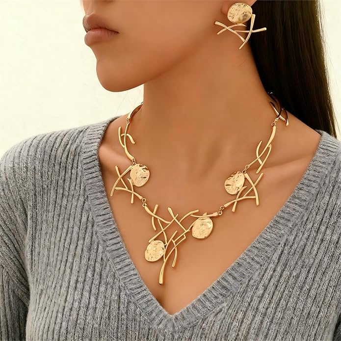 Retro Minimalist Geometric Choker And Necklace Sett For Women Chunky Jewelry Streetwear Jewelry Vintage Coin Medallion Collar Necklace And Earring Sets For Women