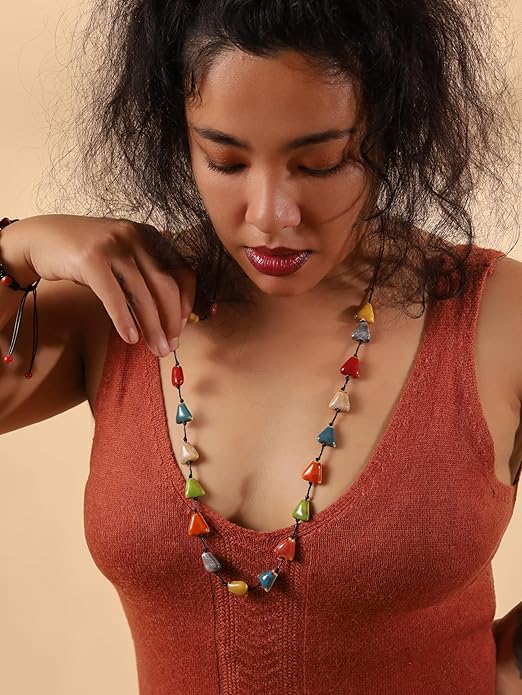 MINACHI Hippie Bohemian Colorful Ceramic Bead Long Strand Necklace, Boho Hippie Beach Summer Statement Jewelry Gift for Women