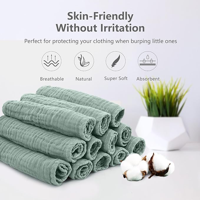 SWEET DOLPHIN 12 Pack Muslin Burp Cloths Large 100% Cotton Hand Washcloths for Baby - Baby Essentials Extra Absorbent and Soft Boys & Girls Milk Spit Up Rags - Dark Green, 20" X10"