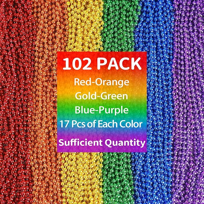100PCS Pride Beads Necklaces Bulk, 33" 7mm Pride Beads Stuff, LGBTQ Metallic Rainbow Beaded Necklace, Pride Accessories for Women Men Parade Throw, Gay Lesbian Pride Month Party Favors (6 Colors)