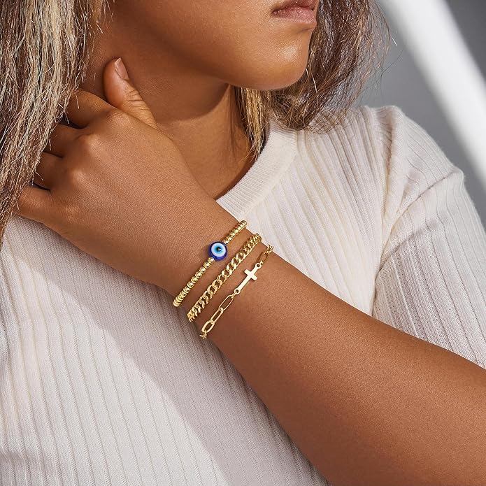 Gold Bracelets Set for Women Stack, Dainty Thick Bracelets Stack for Women Trendy, Simple Thin Gold Plated Cuff Stackable Bracelets With Beaded Cuban Paperclip Snake Rope Bangle Hand Chain Jewelry Gifts for Women Non Tainish
