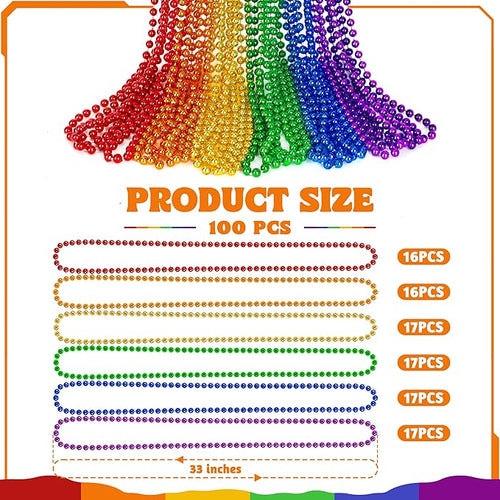 100 PCS LGBT Beads Necklaces, 33" Rainbow Beads Bulk, Plastic Colorful Beaded Necklaces Set, LGBT Parade Throw Accessories Stuff, Pride Month Gay Lesbian Party Supplies