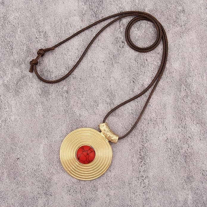 Boho Leather Necklace Women Bohemian Brown Circle Pendant Necklace Choker Long Necklaces for Women Boho Ring Large Pendant