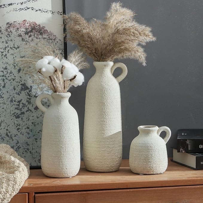 Ceramic Vase Set of 3 with Handle, Neutral Rustic Vases Home Decor Farmhouse - Image 7