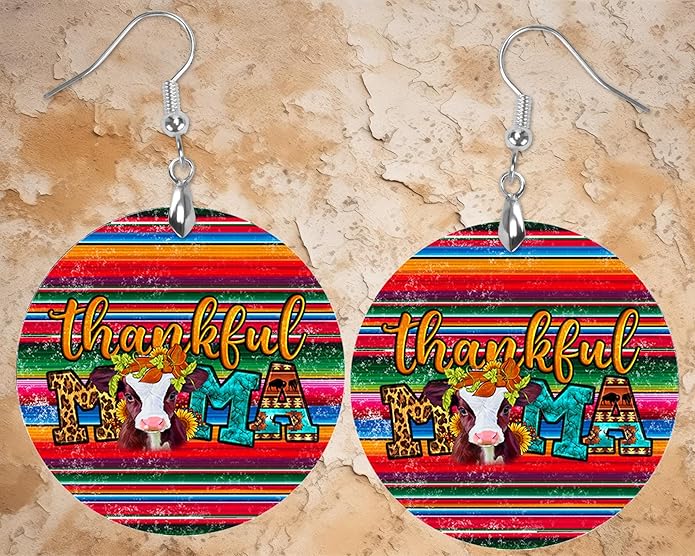 Round Wood Earrings Light Weight Printed Image Dangle Jewelry