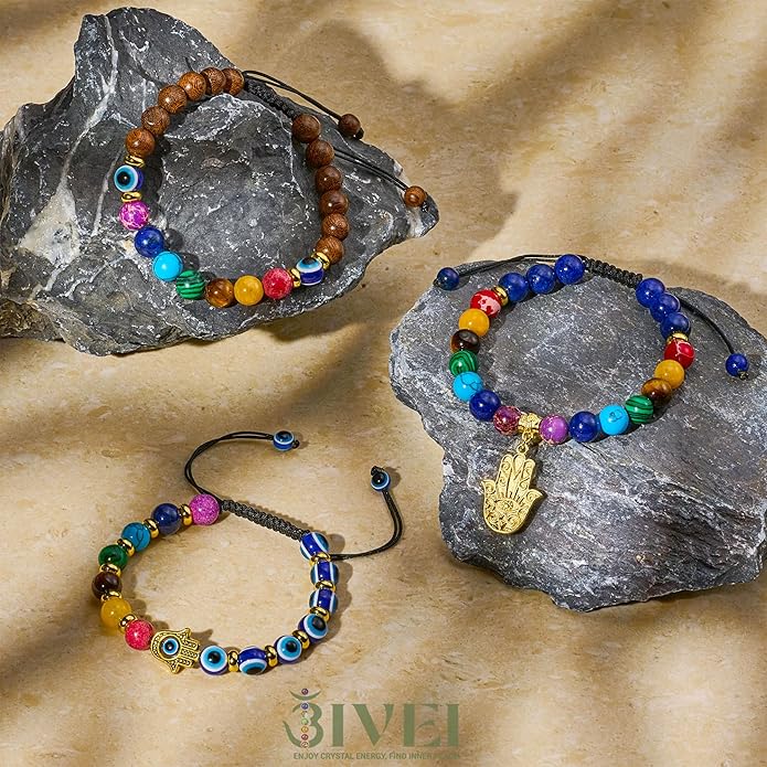 Bivei Chakra Bead Bracelets for Women - 8mm 7 Chakra Bracelet With Real Stones Yoga Gemstone Jewelry 3 Pack