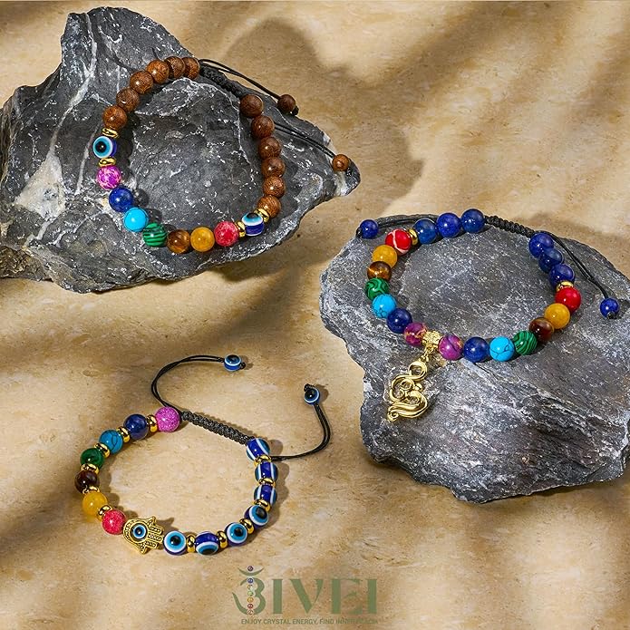 Bivei Chakra Bead Bracelets for Women - 8mm 7 Chakra Bracelet With Real Stones Yoga Gemstone Jewelry 3 Pack