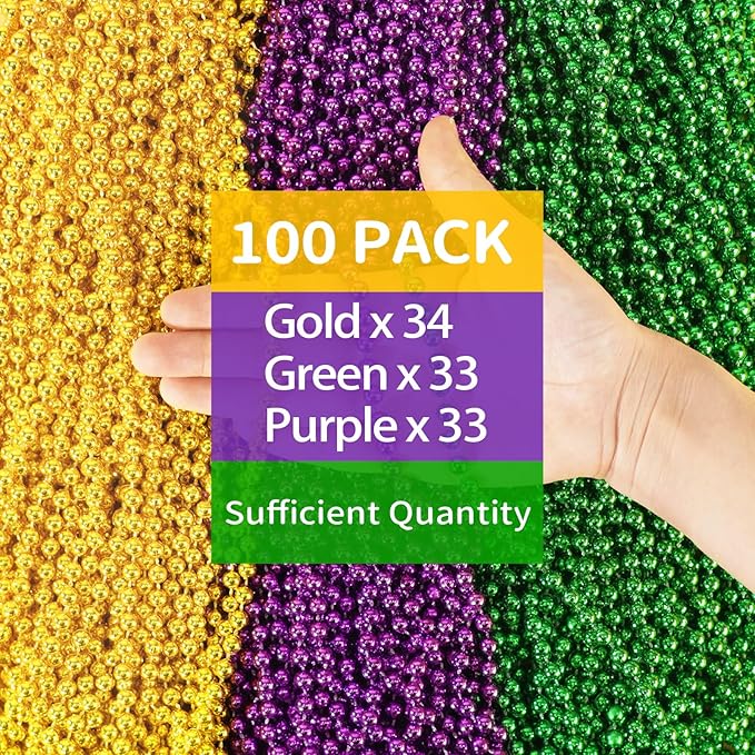 ZYFLSQ 100PCS Mardi Gras Beads, 33" 7mm Mardi Gras Beads Bulk, Metallic Mardi Gras Beads Necklaces, Mardi Gras Parade Throws Costume Accessories, Carnival Party Favors Decorations (Purple Green Gold)