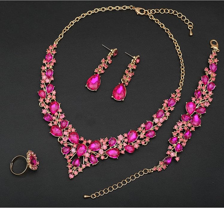 CSY 4 Pcs/Set Austrian Crystal Necklace Earrings Bracelet Ring Bridal Jewelry Sets for Brides Wedding Party Costume Accessories Gifts for Women