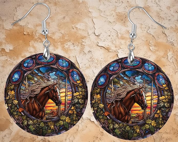 Round Wood Earrings Light Weight Printed Image Dangle Jewelry