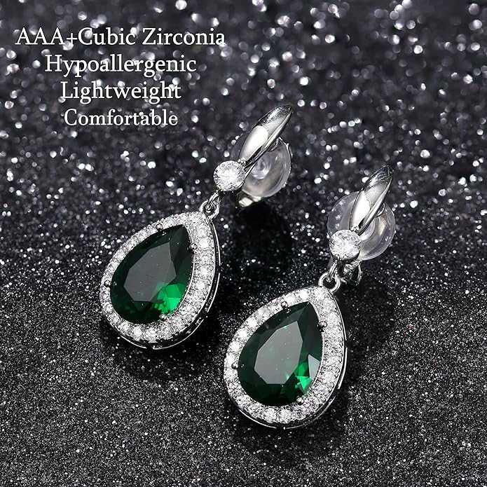 THUNARAZ Elegant Clip on Earrings for Women Sparkling Teardrop Dangle Clip Earrings Non-Pierced Rhinestone Cubic Zirconia Wedding Prom Jewelry 14K Gold and Silver Tone