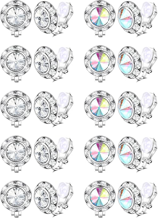 FIBO STEEL Clip on Halo Earrings Rhinestone Earrings Crystal Earrings for Women Round Acrylic Stone Inside Dance Competitions Stage Opera Performance Wedding Party Jewelry
