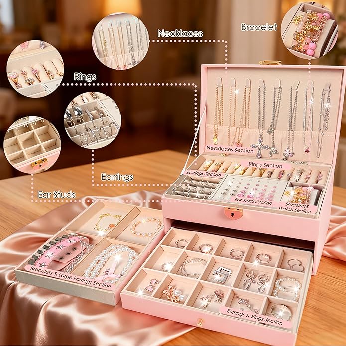 SMUOBT Jewelry Box with Jewelry Set for Women Men - Large Multi-Layer Jewelry Organizer Storage Case with Drawers, Necklace Bracelet Hoop/Stud Earrings Rings Gift Set for Her Him, Unique Birthday Party Gift (Gold/Black Silver)