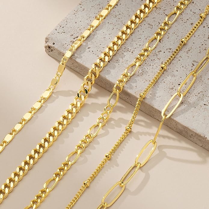 Gold Bracelets Set for Women Non Tarnish Trendy,14K Gold Plated Dainty Stackable Paperclip Cuban Link Chain Bracelets, Simple Cute Cuff Bracelets Jewelry Set Adjustable 7"+2"