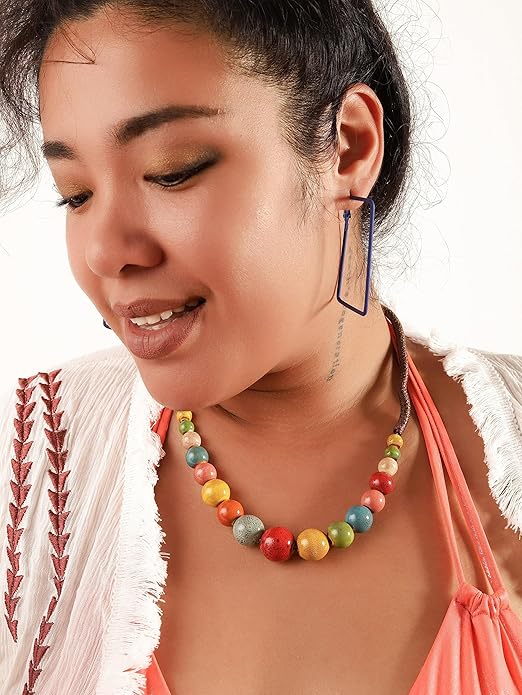 MINACHI Hippie Boho Colorful Ceramic Round Beads Strand Necklace, Bohemian Fashion Statement Jewelry Gift for Women