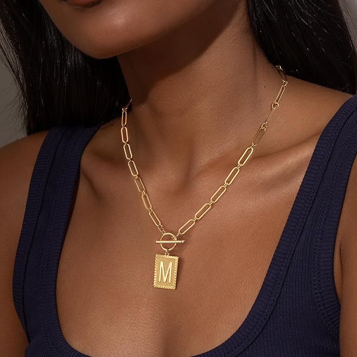 14K Gold Plated Initial Letter Necklace for Women, Personalized Alphabet Pendant with Inspirational Engraving, Paperclip Chain Non-Tarnish Jewelry Gift for Her