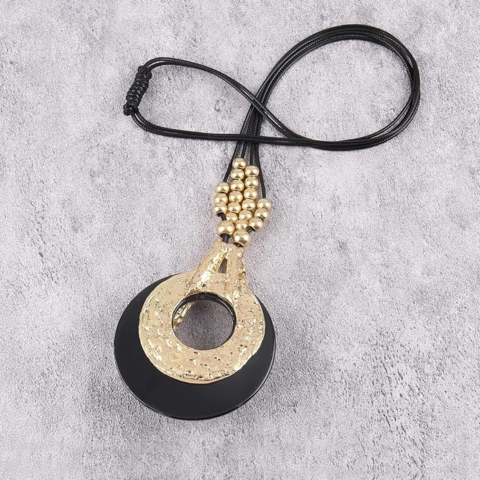 GelConnie Leather Necklace for Women Large Pendant Long Brown Necklace Circle Leather Choker Vintage Sweater Necklace Gold Chunky Boho Necklaces for Women