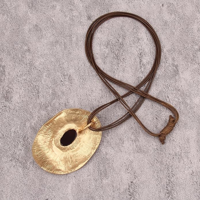 GelConnie Leather Necklace for Women Large Pendant Long Brown Necklace Circle Leather Choker Vintage Sweater Necklace Gold Chunky Boho Necklaces for Women